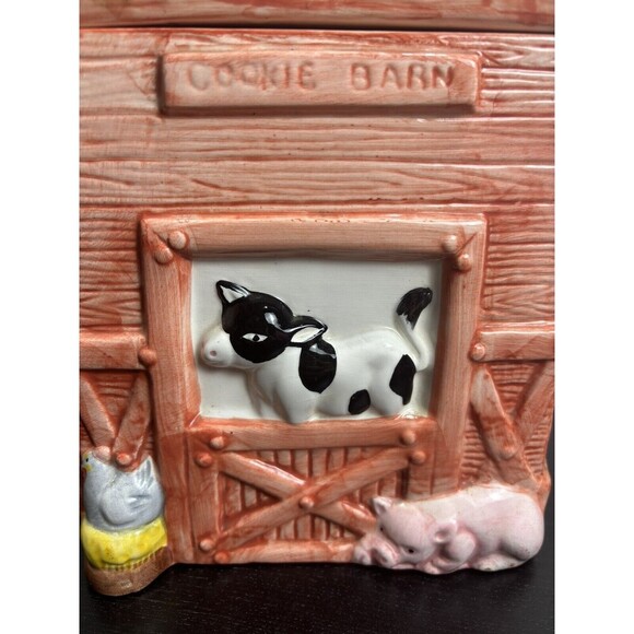 Red Country Cookie Barn Ceramic Cookie Jar with‎ Farm Animals Cow Pig Chicken - Picture 3 of 15